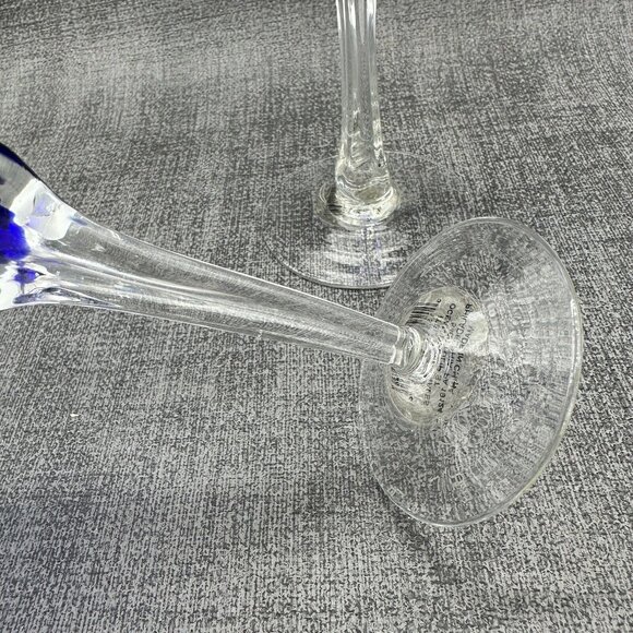 Cobalt Blue Glass Champagne Flutes Clear Tulip Ornate 4 Sided Stem Lot of 2 8" - Picture 7 of 11